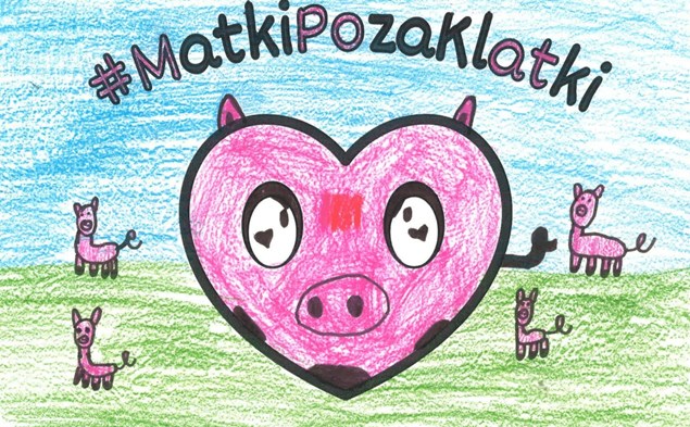 Laurka narysowana w ramach akcji MatkiPozaKlatki przedstawiająca świnki na zielonej trawie