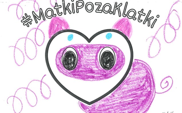Laurka narysowana w ramach akcji MatkiPozaKlatki przedstawiająca świnkę i symbol akcji