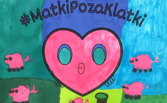 Laurka narysowana w ramach akcji MatkiPozaKlatki przedstawiająca świnki i symbol akcji