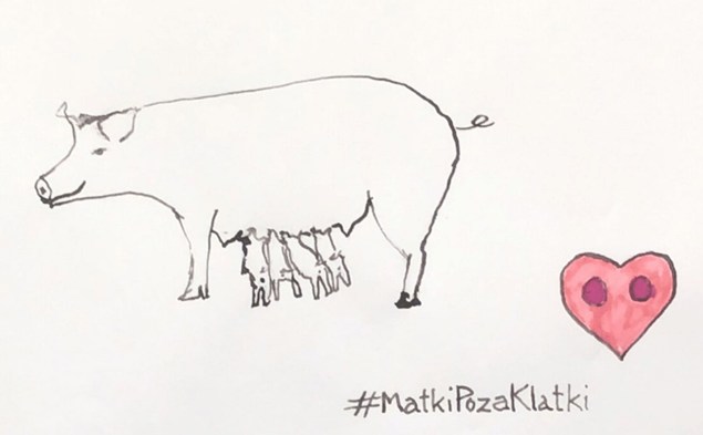 Laurka narysowana w ramach akcji MatkiPozaKlatki przedstawiająca karmiącą świnię-matkę